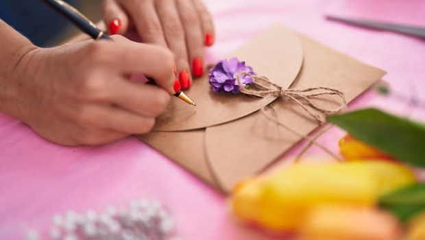 young blonde woman florist writting on envelope letter at florist store