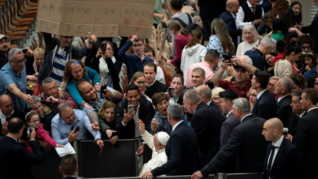Pope Francis during his weekly general audience in Paul VI Hall at the Vatican on May 01, 2024