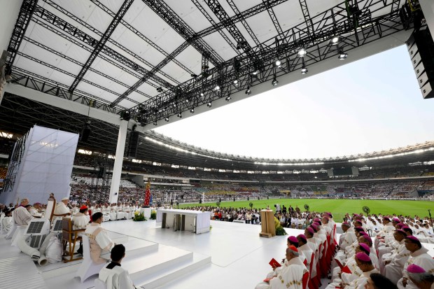 Pope Francis leading a holy mass at the Gelora Bung Karno Stadium in Jakarta.